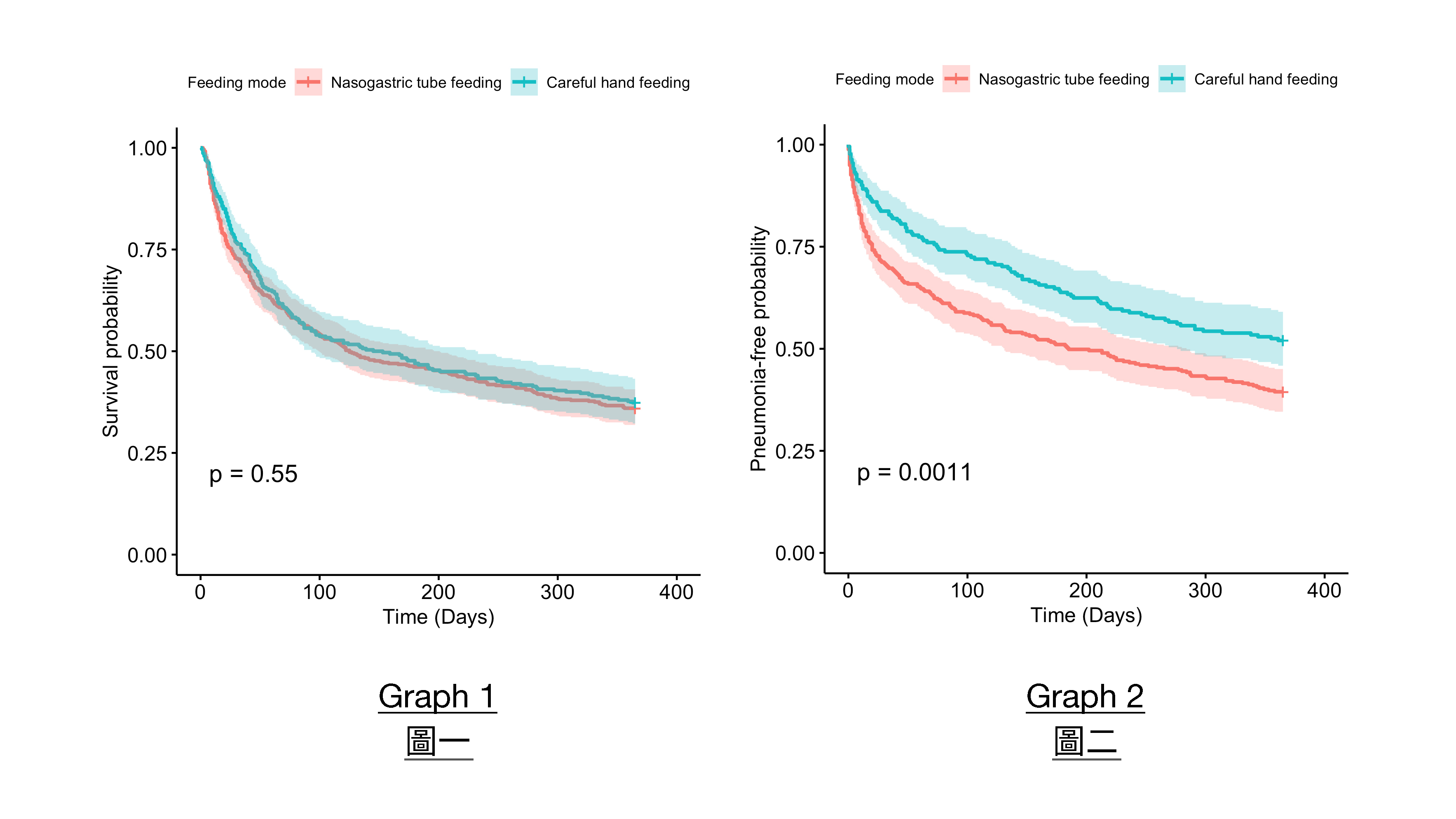 There is little difference in one-year survival probability among advanced dementia patients on nasogastric tube feeding or careful hand feeding (125 days versus 145 days, Graph 1). But those on nasogastric tube feeding have a lower pneumonia-free survival probability compared with those on careful hand feeding (Graph 2).