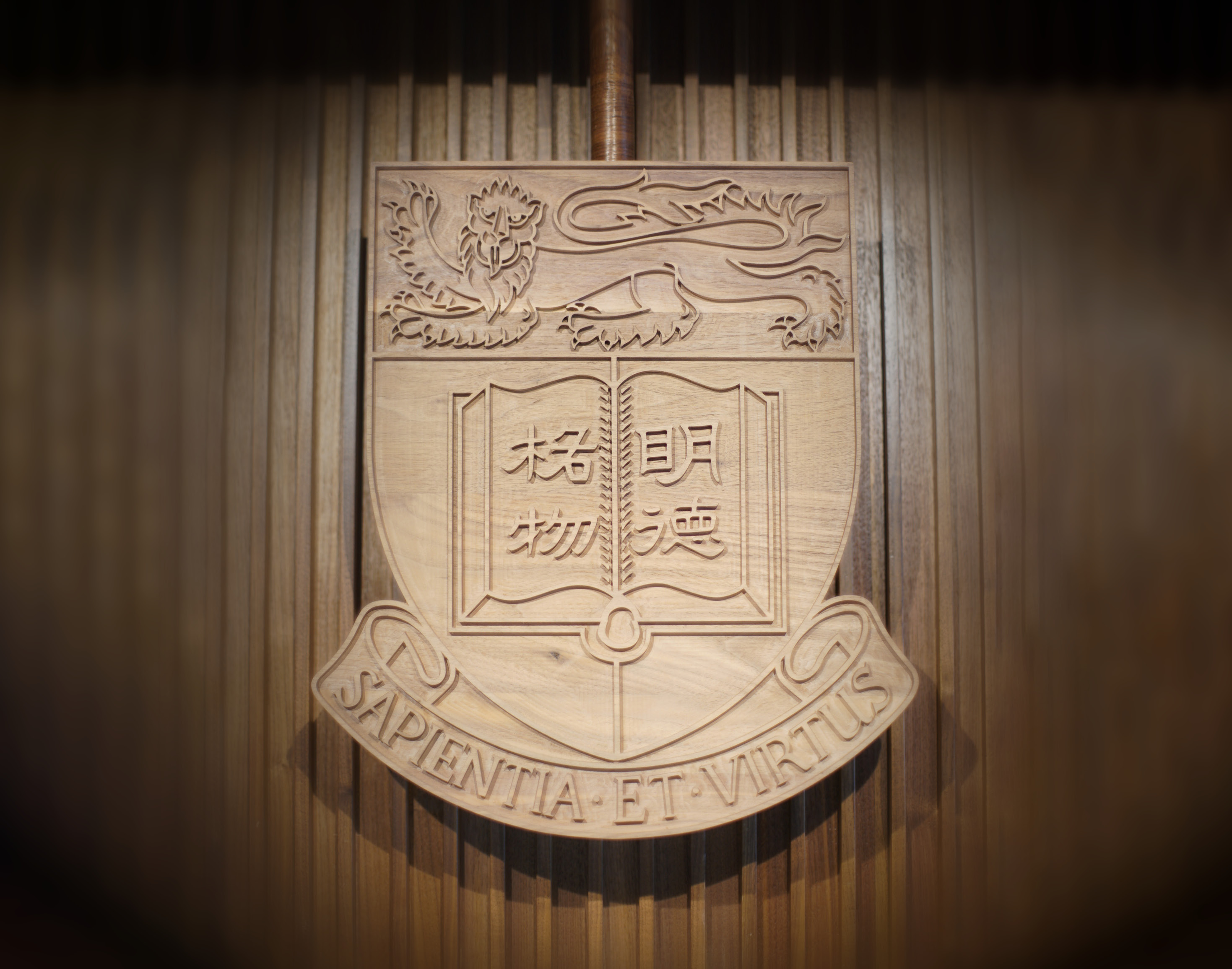Wooden HKU Shield of Arms in the alumni chamber.