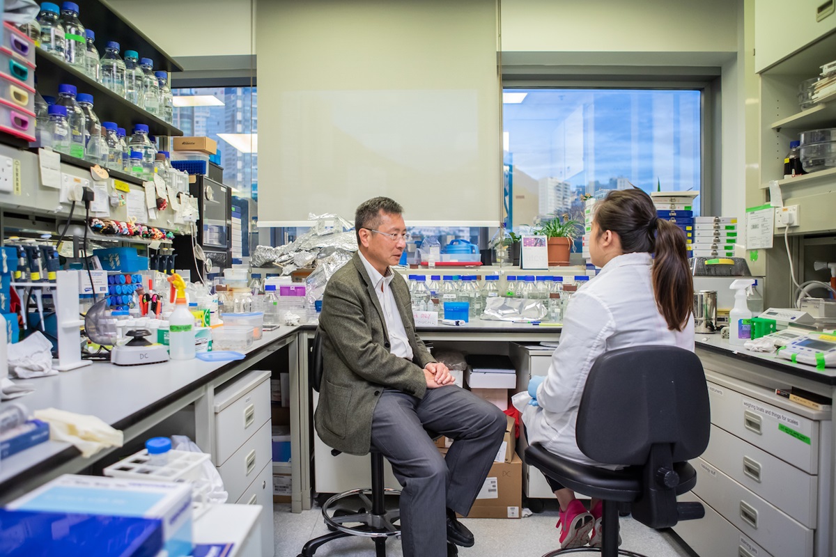 Professor Danny Chan discussing with a student in a laboratory.