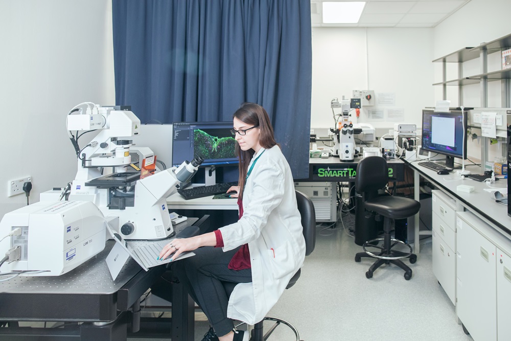 A research student working in a laboratory.