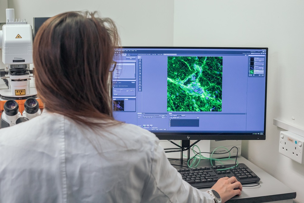 A research student working in a laboratory.