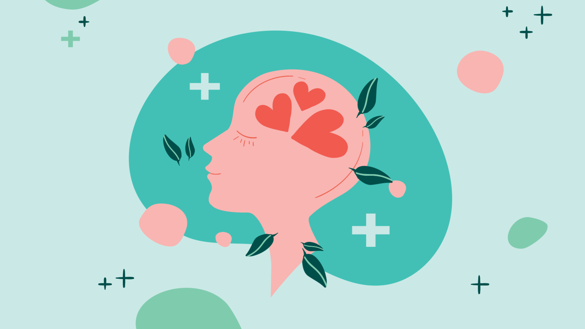 A cartoon depicting a head with hearts in it, which is the key visual of mental health month 2020.